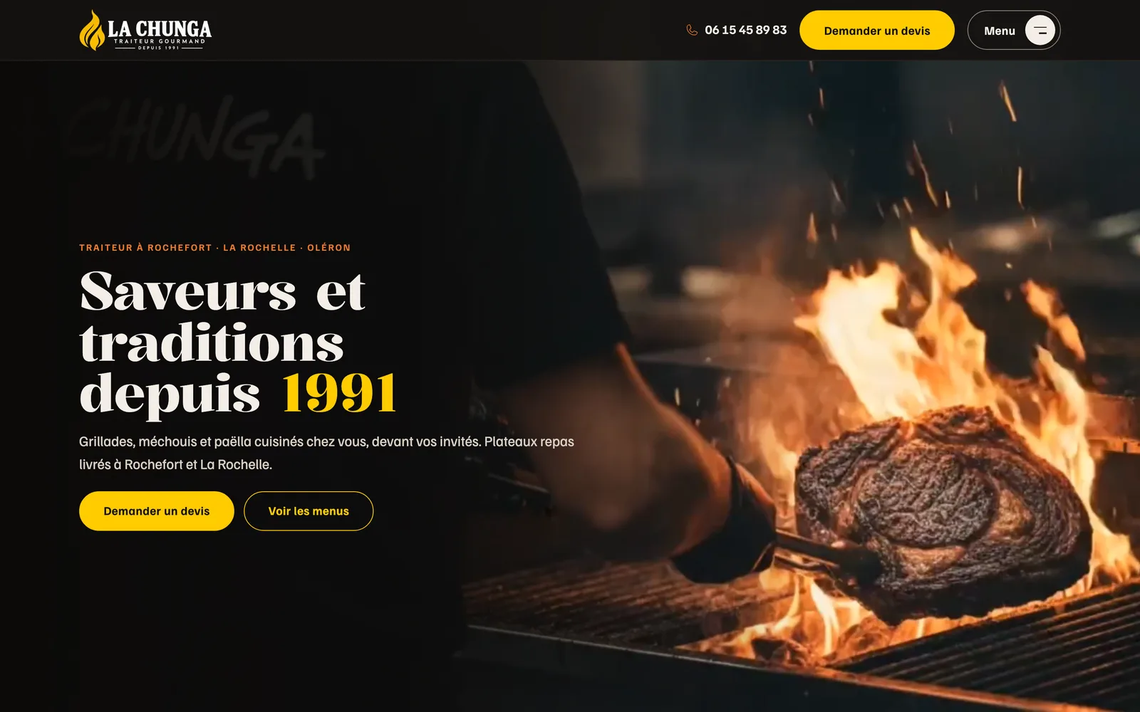 Nouvelle page d’accueil : titre « Saveurs et traditions depuis 1991 », numéro de téléphone et bouton « Demander un devis » dans l’en-tête.