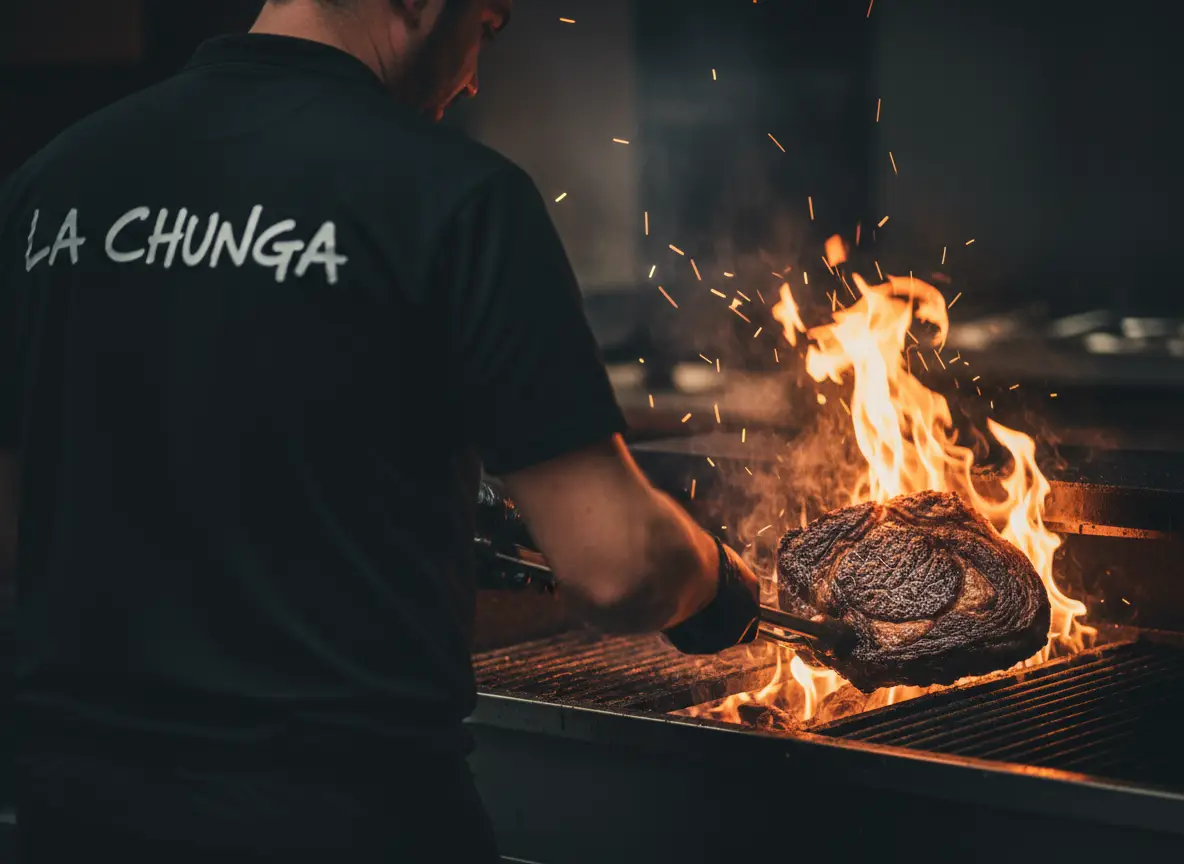 Le grilladin de La Chunga saisit une côte de bœuf au-dessus des flammes