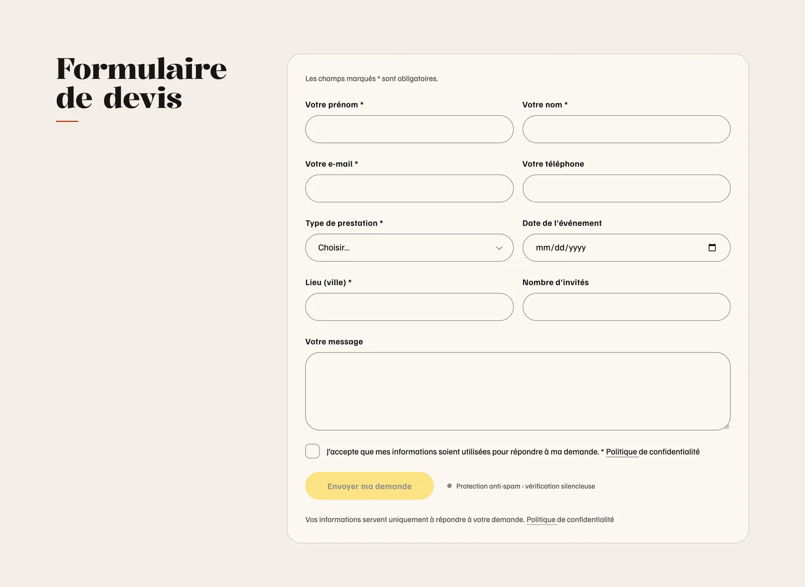 Nouveau formulaire de devis : prénom, nom, e-mail, téléphone, type de prestation, date de l’événement, lieu, nombre d’invités et message.